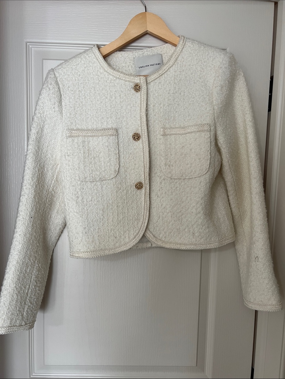 English Factory Ivory Bouclé Cropped Blazer